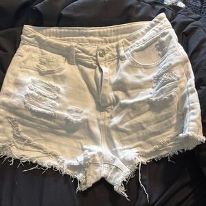 Distressed White Denim Shorts